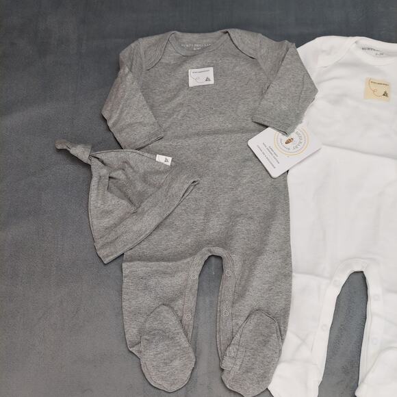 Burt's Bees Organic Cotton 4Pc Coveralls Footed Pajamas Knot Top Hats Gray 0-3M - Picture 2 of 7